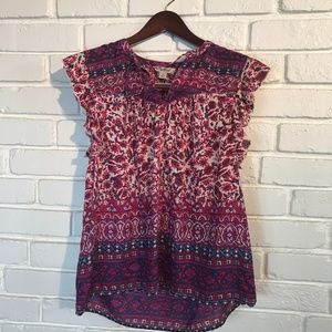 Lucky Brand Cap Sleeve Print Blouse Tie Neck